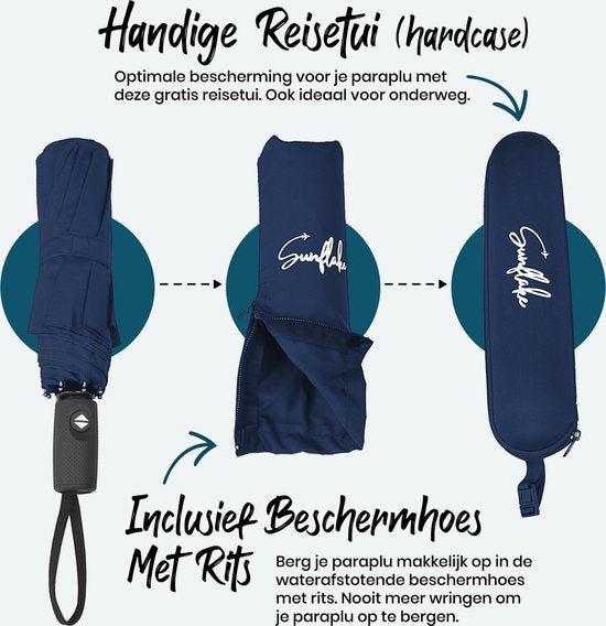 Parapluie pliable - Résiste à la tempête jusqu'à 140km/h - Pliage automatique - Housse de protection et pochette de voyage incluses - Bleu - Sunflake