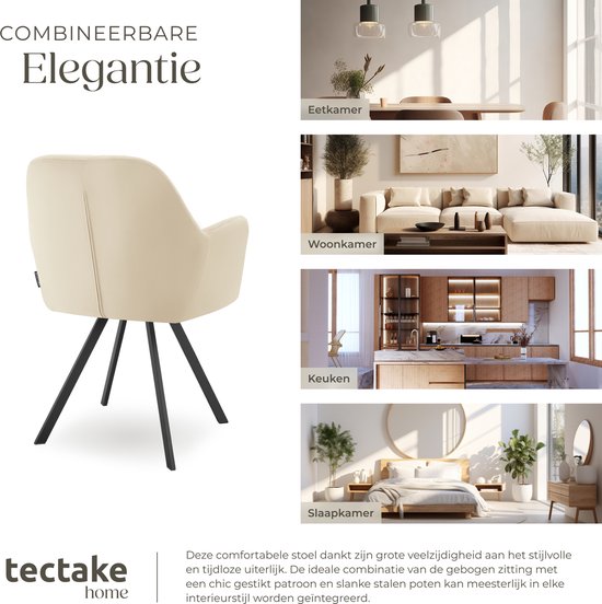 tectake® - Chaise pivotante aspect velours - Chaise de salle à manger avec accoudoirs - Assise et dossier ergonomiques - Pivotant à 180 degrés - Chaise moderne avec pieds en acier - Diverses couleurs - Crème
