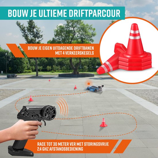 NAPI Voiture RC contrôlable - Voiture de drift avec 2 piles, LED et accessoires - 15 km/h - Jouets d'extérieur - Voitures de course pour garçons et adultes - Jouets d'extérieur - Toy Car Radiographic - Drift King