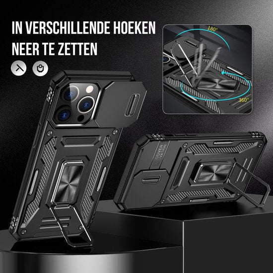 Podec Case suitable for iPhone 15 Pro Black Phone Case - Anti-Shock Case Cover Hybrid Armor Case with Kickstand Ring with Screen Protector