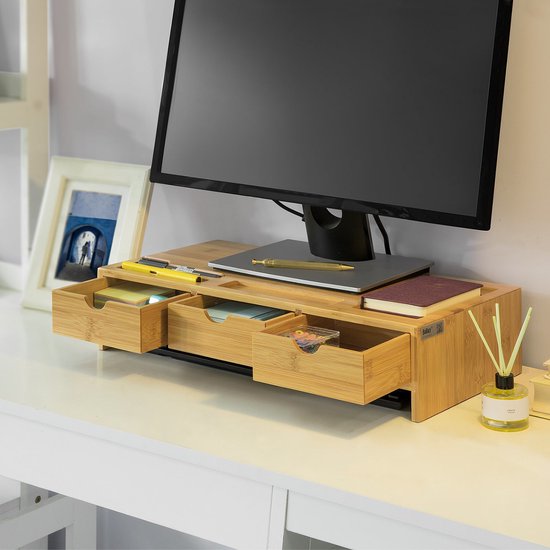 SoBuy BBF03-N Organisateur de bureau pour support de moniteur avec 3 tiroirs - Bambou - 51x12x25cm