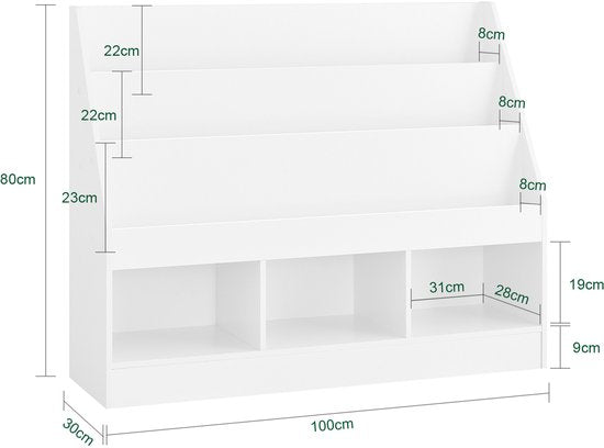 SoBuy Montessori KMB118-W Bibliothèque pour enfants, étagère pour enfants avec 3 compartiments de rangement et rangement pour jouets, chambre d'enfant, étagère pour livres et rangement pour jouets, blanc, 100 x 80 x 30 cm