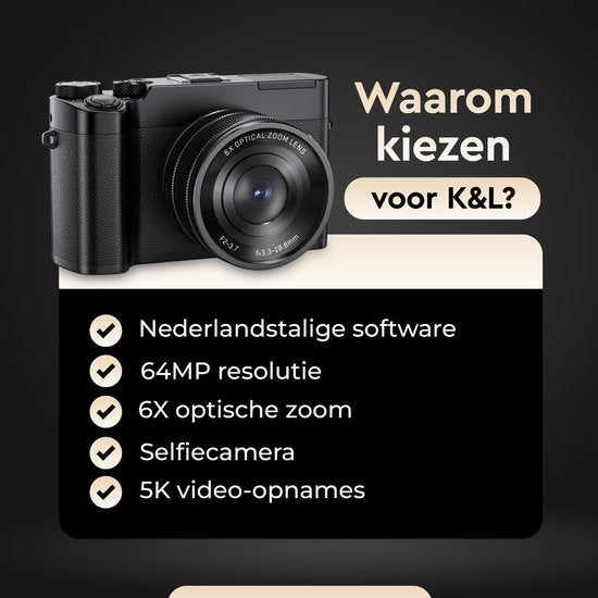 K&L Appareil photo numérique 5K - 64MP - Zoom optique 6X - Appareil photo - Caméra compacte - Caméra Vlog - Idéal pour les débutants - 64GB inclus - NL Software