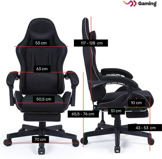 VDD Gaming - Fauteuil de jeu avec fonction de massage et repose-pieds - Fauteuil de jeu de couleur noire - Fauteuil de jeu avec coussin pour la nuque et dossier réglable - Fauteuil de bureau ergonomique avec accoudoirs rembourrés - Capacité de charge maxi