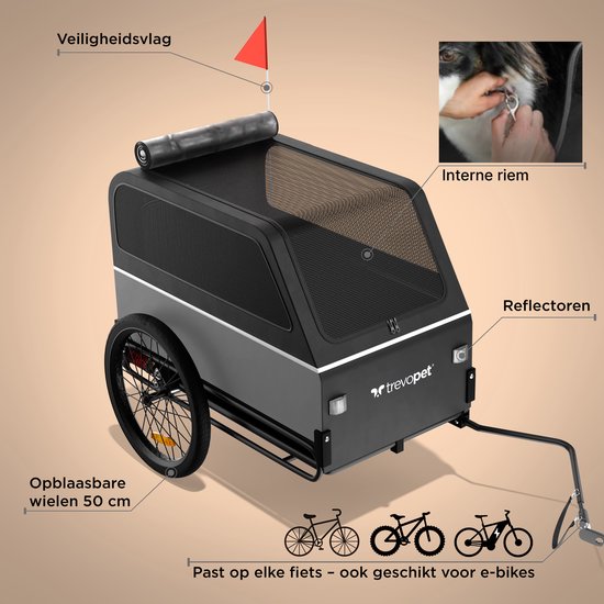 TrevoPet® Dog Bike Trailer XL - remorque pliante pour vélo - remorque pour chien avec rampe, système de suspension et résistance aux intempéries - convient aux vélos électriques - 45 kg - gris