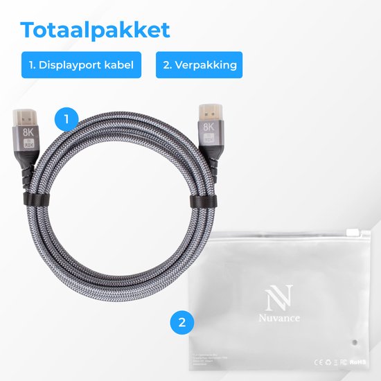 Nuvance - Câble Displayport - Câble d'affichage de 2 mètres - jusqu'à 32,4GBps - 8K Ultra HD - pour TV, ordinateur, moniteur, projecteur & Beamer - Display Port