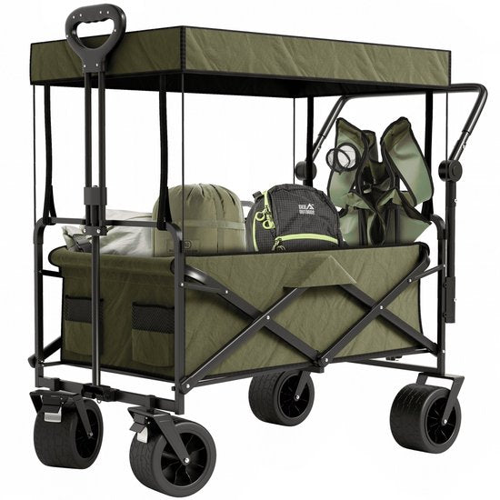 Avalo Bolderkar Avec Toit XL Pliable - Capacité de charge jusqu'à 110KG - 120L - 97x60x105 CM - Roues 360º - Bolderwagen / Bolderwagen / Chariot de plage / Chariot de randonnée / Bolderkar pliable - Pour la plage - Vert