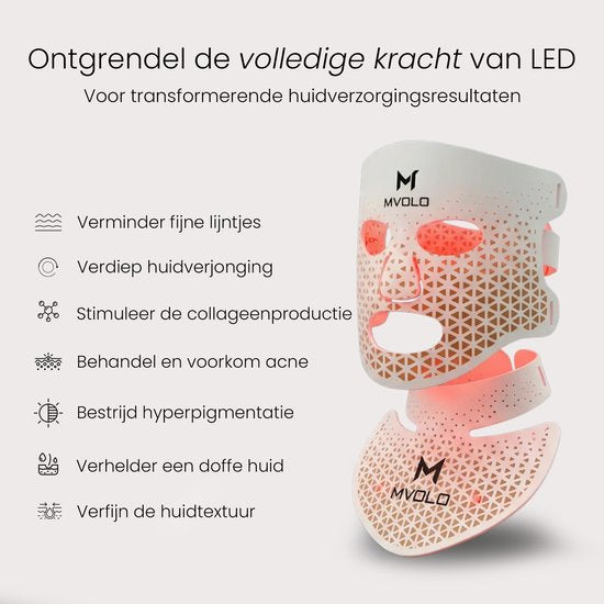 Mvolo® LED Face Mask - Masque professionnel de luminothérapie rouge avec masque pour le cou - Masque à lumière infrarouge 4 longueurs d'onde - Sans fil - Soins de la peau