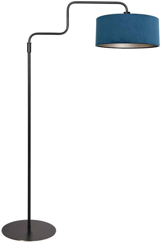 Lampadaire noir Bloeba 4169ZW de Steinhauer avec hauteur réglable (150-165 cm) et bras pivotant extensible jusqu'à 66 cm, base en métal avec abat-jour en velours bleu Ø40cm, design tendance pour l'intérieur.