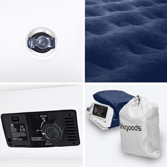 Matelas gonflable – LifeGoods – 2 personnes – pompe intégrée – sac de transport et kit de réparation inclus – blanc/bleu