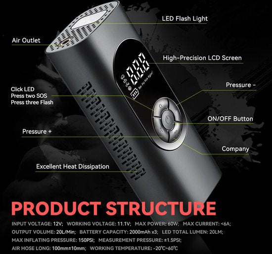 Fuegobird - Pompe électrique 6000 mAh - Pompe à vélo 150 PSI - Pompe à vélo électrique miniature avec LED SOS - Conçue pour les pneus AUTO - Vélos - Vélos électriques - Sports de balle - Inclus 2 tuyaux de gonflage - Noir