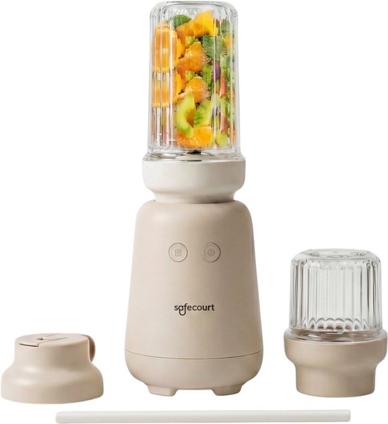 Safecourt Kitchen PureBlend - 1000W Smoothie maker - BPA free - includes to-go drinking lid + straw- Premium Tritan blend cups - Beige