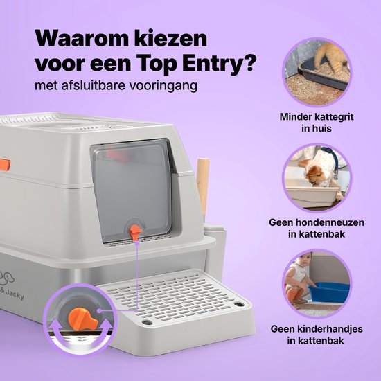Jake and Jacky Stainless Steel Litter Box Hop In - Toilette pour chat en acier inoxydable - avec pelle à litière et support et marche de ramassage des gravillons - entrée par le haut - bac à litière ouvert 3 en 1 avec couvercle amovible - 60x40x38cm