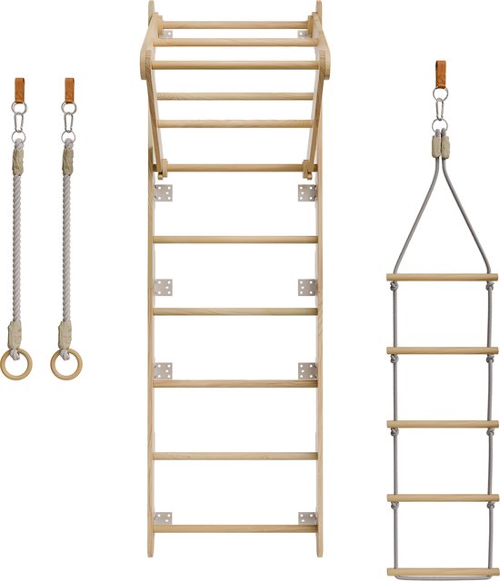 Juskys - Support mural pour enfants - 62 x 210 x 57 cm - naturel et bois - avec échelle de corde et anneaux tournants - Support d'escalade d'intérieur pour la chambre - favorise la motricité et la force