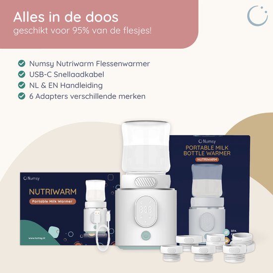 Chauffe-biberon portable Numsy - Sans fil - 6 adaptateurs inclus - 4 niveaux de température