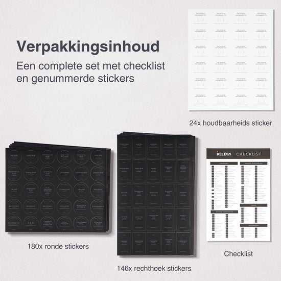 Deleca 180x Etiquettes pour bocaux - Etiquettes rondes et rectangulaires - Etiquettes pour bocaux de stockage et d'épices - Waterproof - Dutch/Black