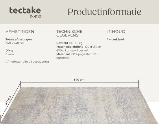 tectake® Tapis design vintage - Dalia - Tapis à poils ras pour le salon, la chambre d'enfant, la chambre à coucher ou le couloir - Lavable - Dim. div. - 200x274cm - beige