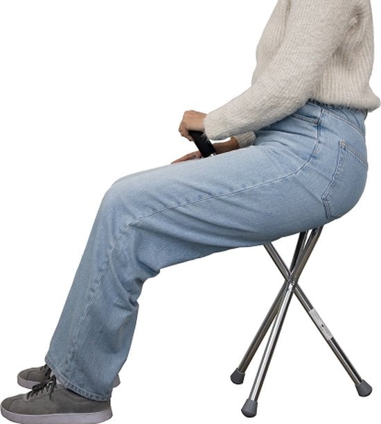 Mobiclinic Gloria - Canne avec siège - Jusqu'à 90 kg - Pliable - Aluminium - Canne tripode - Embouts antidérapants - Canne chaise - Canne orthopédique - Poignée ergonomique - Gris