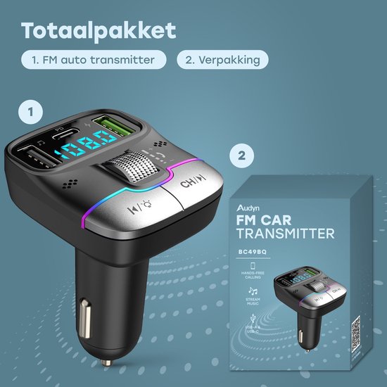 Audyn Bluetooth FM Transmitter - USB-A & USB-C - Récepteur Bluetooth - Chargeur rapide - Chargeur voiture - Carkit - Accessoires voiture - RGB