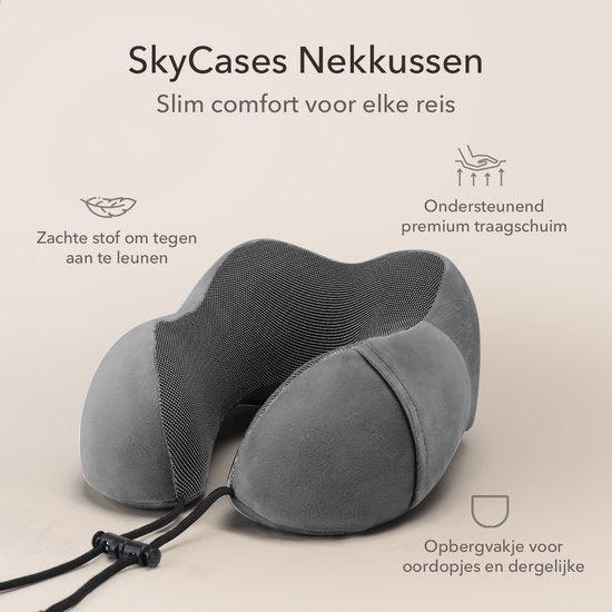 SKYCASES Travel Essentials - Oreiller de cou 3 pièces - Oreiller de voyage ergonomique en mousse à mémoire de forme avec masque pour les yeux et bouchons d'oreille - Idéal pour l'avion, la voiture et le train - Compact et luxueux - Abricot