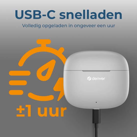 Ecouteurs Denver - Ecouteurs légers - 6 heures d'écoute - Bluetooth 5.3 - TWE48 - Gris