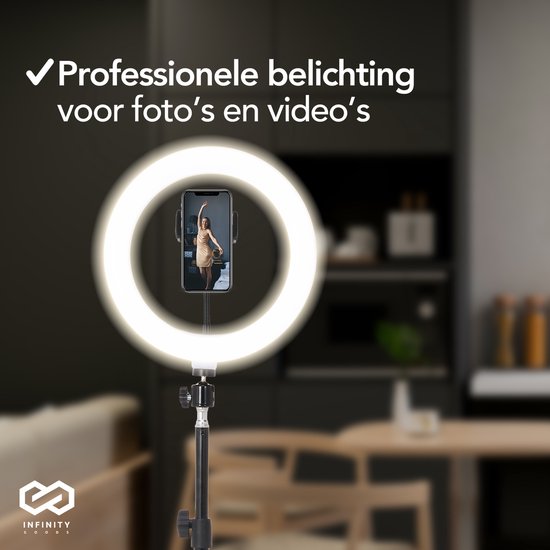 Infinity Goods Ring Light With Tripod - LED - 3 Colours - Adjustable Tripod Up to 186m - Includes Plug - Selfie Ringlight for Tiktok / Instagram / Youtube / Streaming / Working at Home - Black