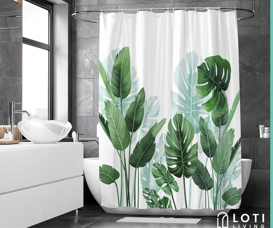 Loti Living Rideau de douche anti-moisissure - Strelitzia - Anneaux inclus - Imperméable - Polyester - Rideau de douche 180x200 cm