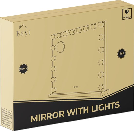 Bayt Hollywood Mirror with Lighting - Make-up Mirror with Lighting - Mirror with Lighting - Hollywood Mirror 80x60 - Dimmable - 10x Magnification - 80x60cm - Gold