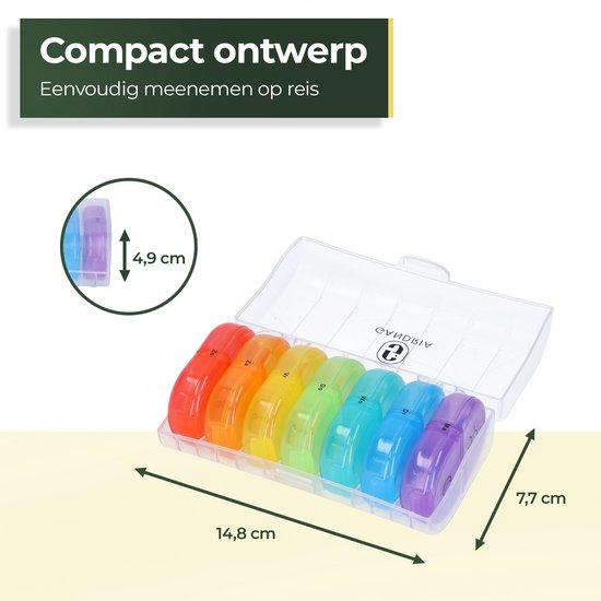 Pilulier Gandria 7 jours - Pilulier amovible - Boîte à pharmacie avec 14 compartiments - Boîte à pharmacie avec fermeture solide - 2 compartiments par jour - 7 couleurs