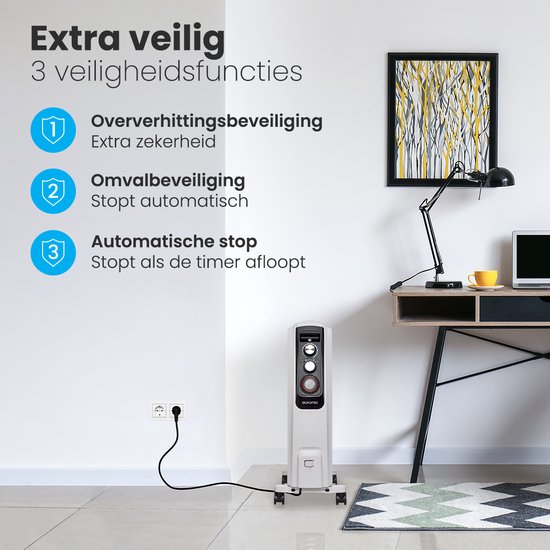 Auronic Radiateur à Huile avec Thermostat - Chauffage 2000W - Chauffage électrique - Minuterie - 3 niveaux - Blanc