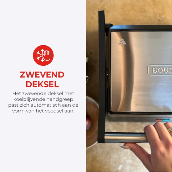 Bourgini Contact Grill Classic - Gril à panini et fer à griller - Revêtement antiadhésif - Couvercle flottant - Appareil à griller - Gril de contact - Acier inoxydable - Sans BPA