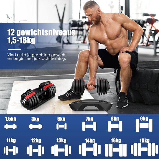 DH FitLife Haltères réglables de 1,5 à 18 kg avec base de rangement pour la musculation des femmes et des hommes, ensemble d'haltères avec plaques de poids, peu encombrant pour l'entraînement, poids variable 12-en-1, 1 Pièce