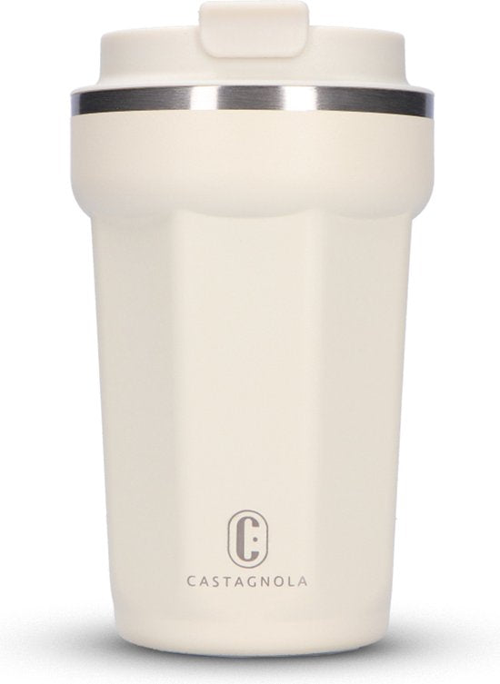 Mug thermos Castagnola - Tasse à café à emporter - Mug de voyage pour le café et le thé - Mug à thé - 380 ML - Acier inoxydable - Blanc cassé - Octogone