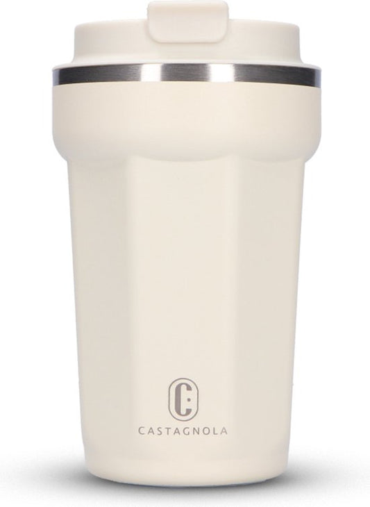Mug thermos Castagnola - Tasse à café à emporter - Mug de voyage pour le café et le thé - Mug à thé - 380 ML - Acier inoxydable - Blanc cassé - Octogone