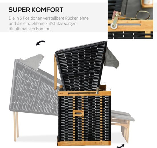 Outsunny - Chaise de plage avec capot - Bois - Polyester - Gris clair