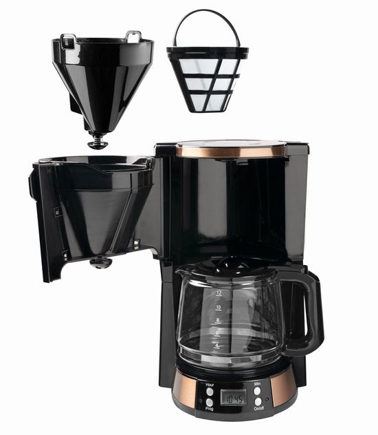 Bestron ACM800CO Cafetière - 1.5L - 12 Tasses - Minuterie programmable - Plaque chauffante - Filtre permanent - 1000W - Cuivre