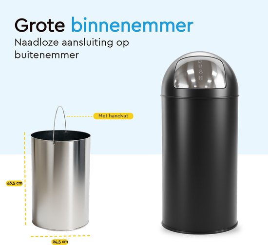 BRASQ Push Bin Trash Noir Poubelle avec poubelle amovible 30 litres - Poubelle - Poubelles