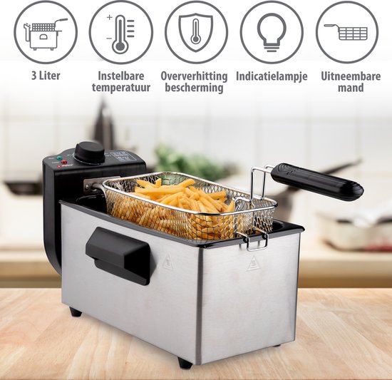 alpina Fryer - Poêle à frire - 3 litres - 2000 Watt - Acier inoxydable - Avec bouton thermostatique