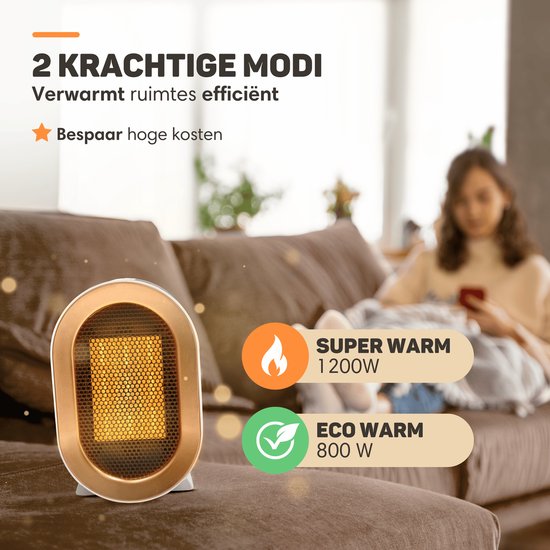 Vulpes Goods® Tech - Réchaud électrique Pro - Chauffage électrique d'intérieur - Réchaud à ventilateur - Réchaud en céramique - Chauffage - 2 niveaux - 1200W - Indication LED - Blanc