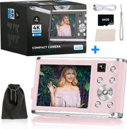 K&L Digital Camera 4K - Caméra fixe - Caméra photo - Caméra compacte - Caméra Vlog - Pour les enfants - Comprend 64 Go - NL Software - Rose