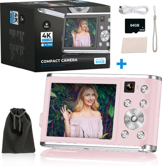K&L Digital Camera 4K - Caméra fixe - Caméra photo - Caméra compacte - Caméra Vlog - Pour les enfants - Comprend 64 Go - NL Software - Rose