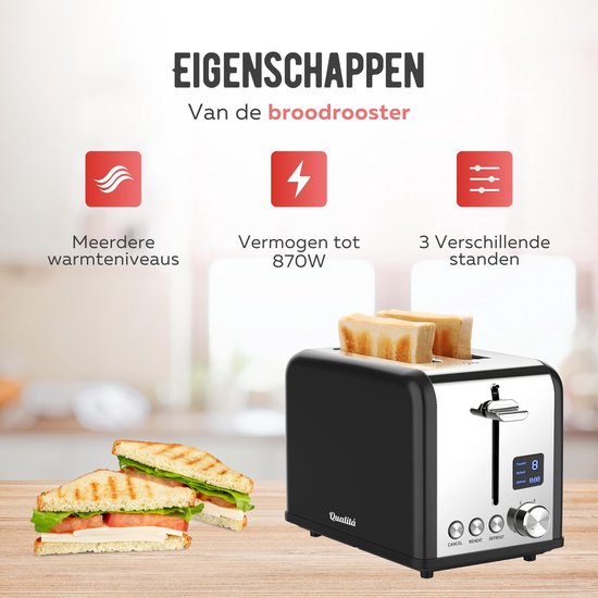 Qualitá® Grille-pain avec clips pour sandwichs grillés - Grille-pain rétro - Grille-sandwichs - Appareil à croque-monsieur - acier inoxydable/noir