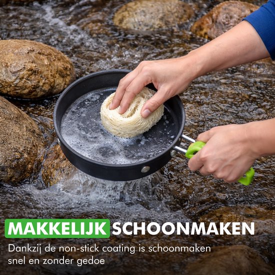 Travelhawk Batterie de cuisine de camping - Batterie de casseroles - Aluminium - 8 pièces - Batterie de casseroles de camping - Comprend une éponge, une spatule, une cuillère, des bols et un sac de transport pratique.