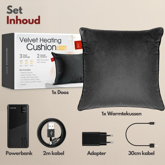 Coozie Rechargeable Heat Pillow - sans fil et filaire - 45-65°C - Velours - 45 x 45 cm - Anthracite Grey - Oreiller électrique - Powerbank incluse - Jusqu'à 8 heures de chaleur