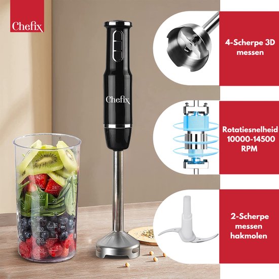 Chefix Hand Blender Set 4-in-1 - Mixeur plongeant - Hachoir Fouet Batteur Tasse à mesurer - 750 W - Noir
