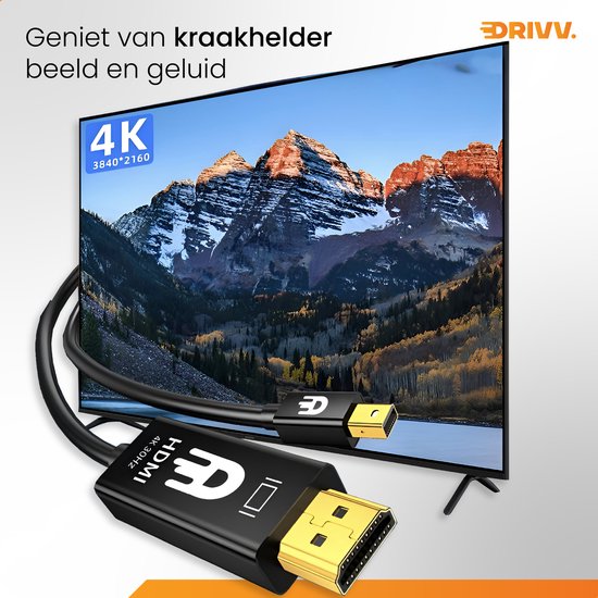Drivv. Câble Premium Mini DisplayPort vers HDMI - Thunderbolt vers HDMI - Thunderbolt 1/2 - 4K 30Hz - Noir - 1,8 mètres