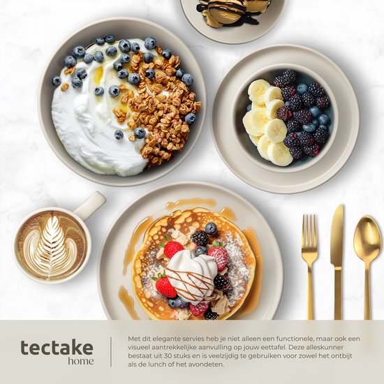 tectake® Ensemble de vaisselle Una - 30 pièces - Faïence - 6 personnes - Vaisselle élégante et durable - Ensemble d'assiettes avec grandes et petites assiettes, bols, coupes - Taupe