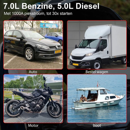 Toivo 12V Jumpstarter for Car - 1000A / 20,000 mAh - With Compressor - 4-in-1 Starting Aid with Powerbank, LED Flashlight and SOS Emergency Light - In Storage Case