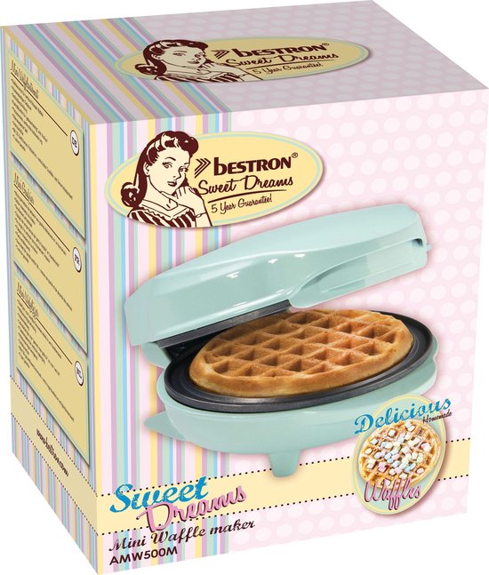 Bestron Gaufrier - AMW500M - 550W - Mini gaufre - Revêtement antiadhésif - Bleu - Garantie 5 ans