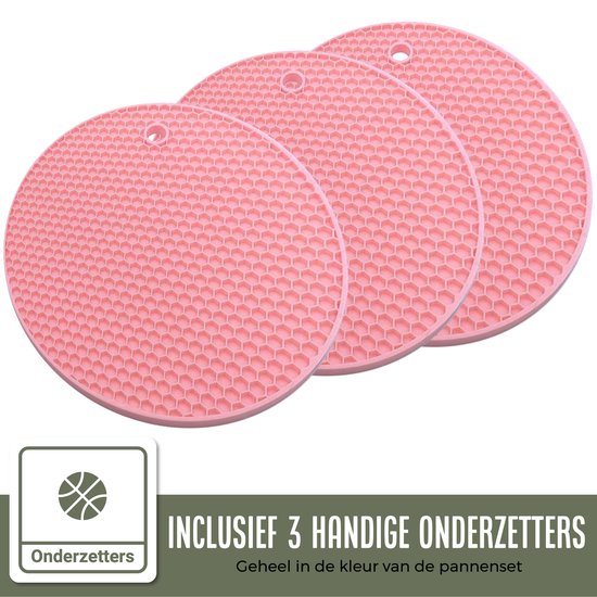 COOCK Ensemble de casseroles 19 pièces - Revêtement spécial antiadhésif - Poignées froides ergonomiques - Aluminium recyclé - Ensemble de poêles à frire - Ensemble de casseroles - Rose pâle - Sous-verres et livre électronique inclus